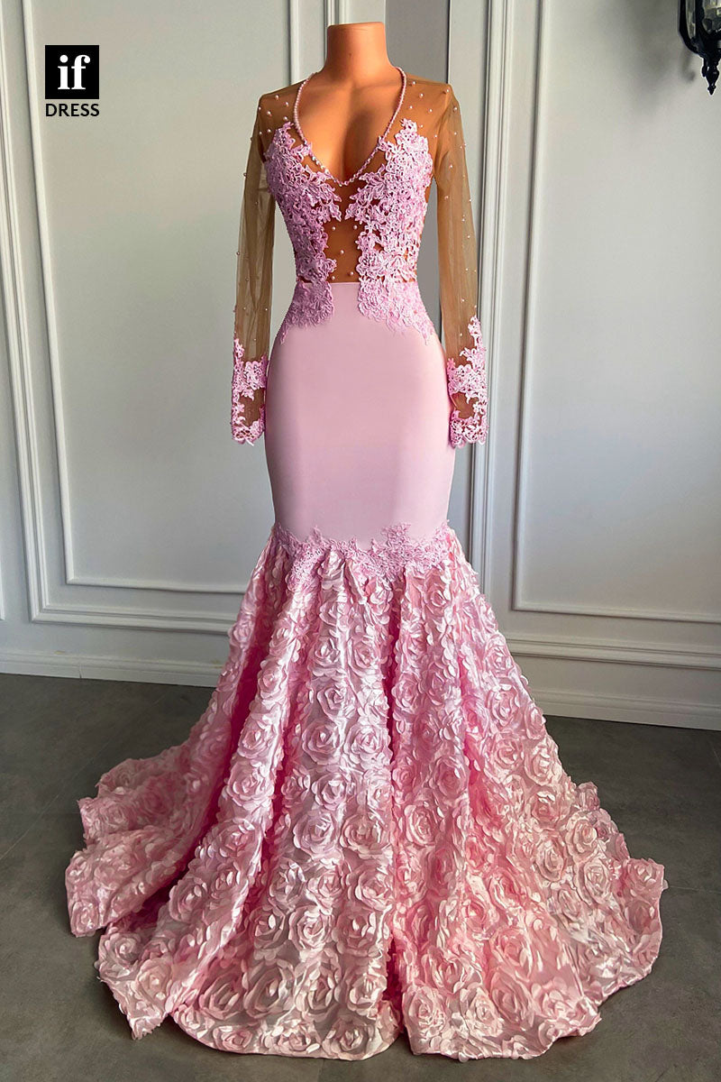 30947 - Sexy V-Neck Long Sleeves Pink Mermaid Prom Dress Black Girls Slay