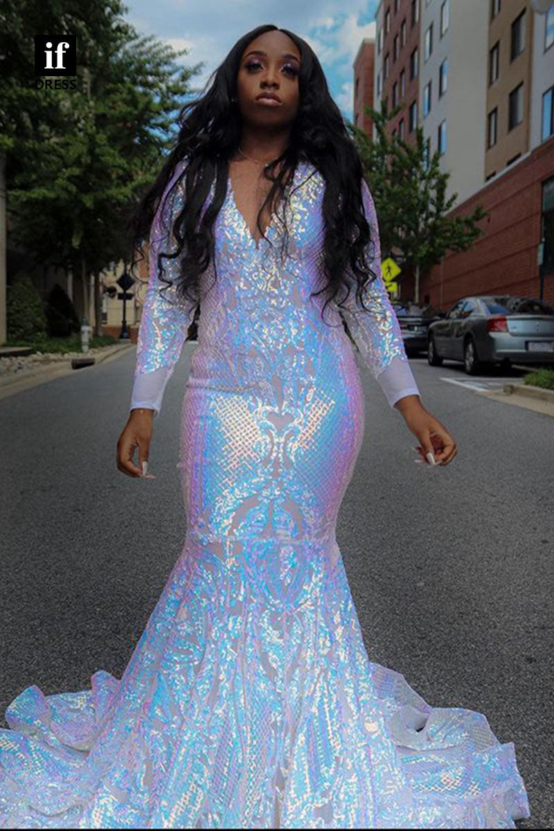 30948 - Plunging V-Neck Lace Appliques Mermaid Prom Dress Black Girls Slay