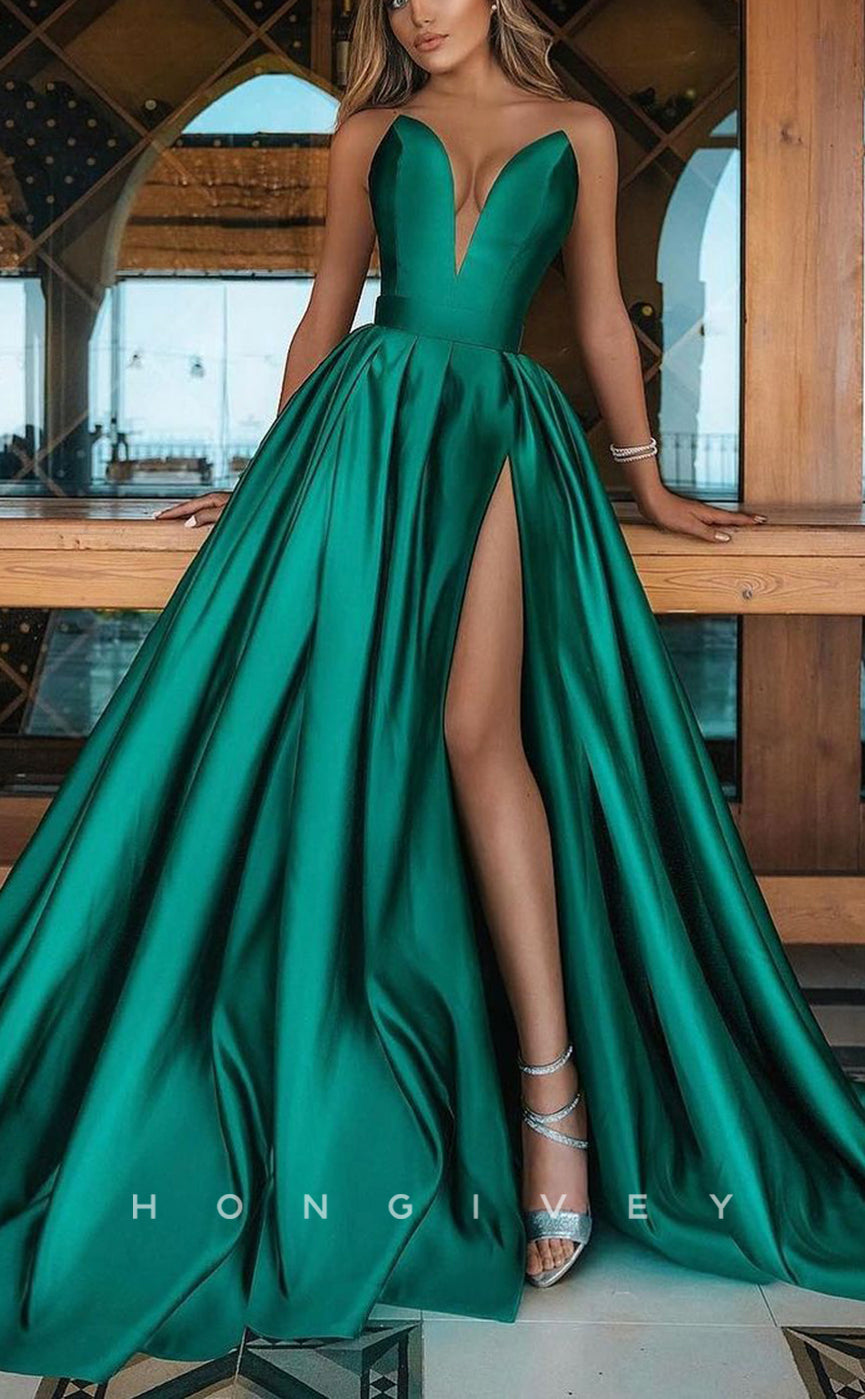 L1003 - Sexy Satin A-Line V-Neck Sleeveless Empire Ruched With Side Slit Train Party Evening Prom Formal Dress