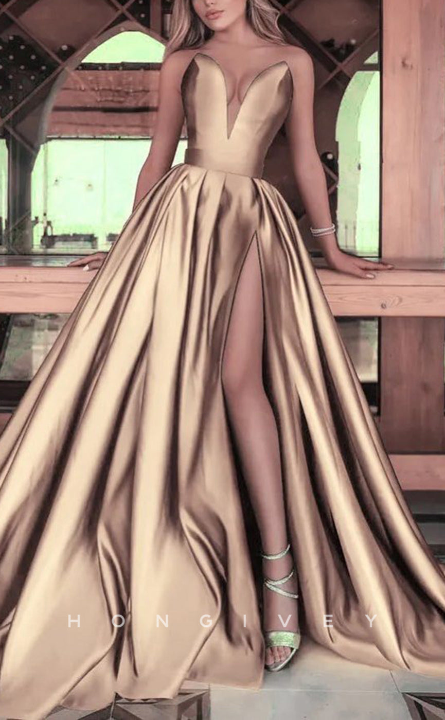 L1003 - Sexy Satin A-Line V-Neck Sleeveless Empire Ruched With Side Slit Train Party Evening Prom Formal Dress