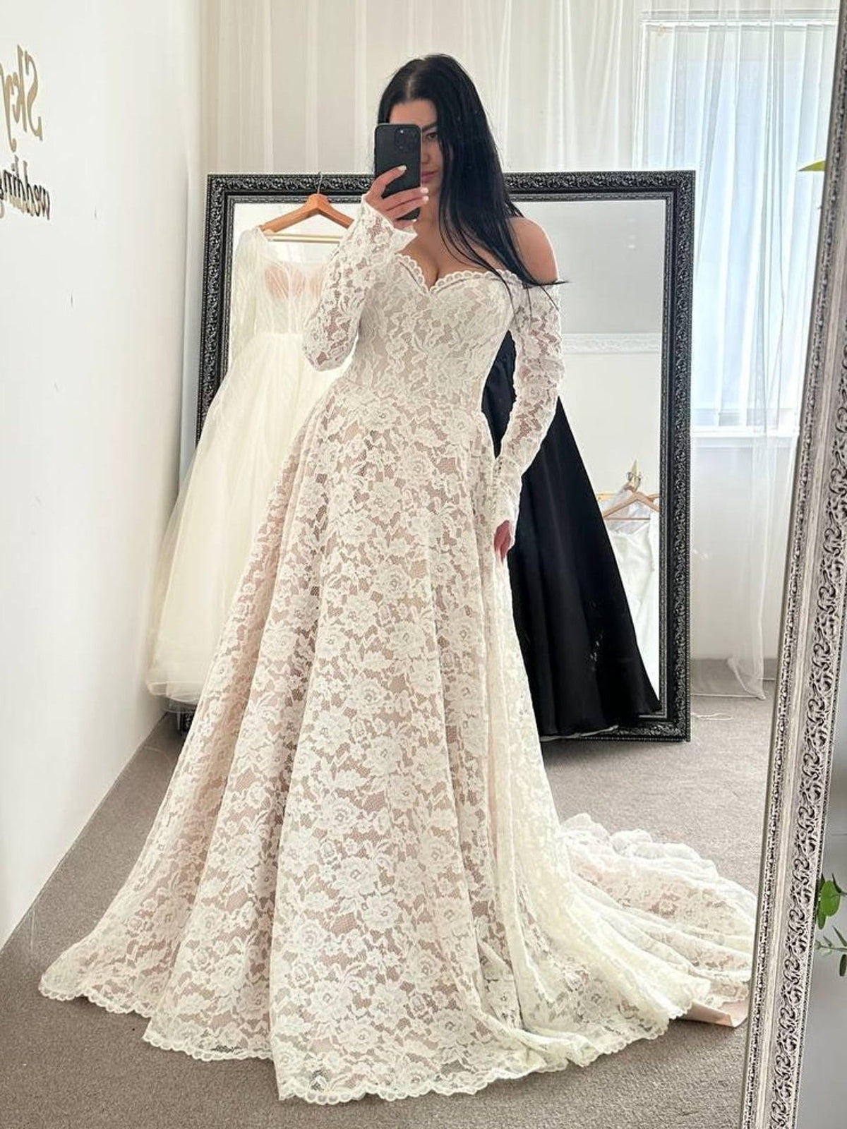 Off-the-Shoulder Long Sleeve Tiered Lace A-Line Wedding Gown - VelvetHem
