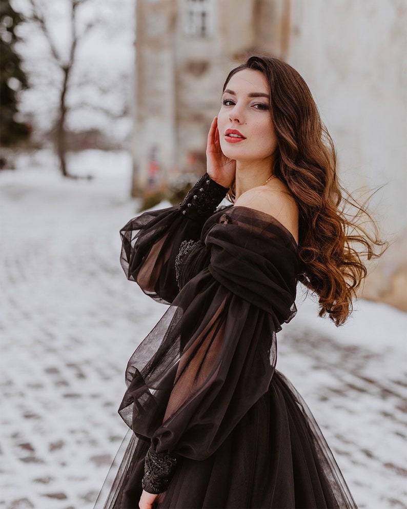 Black gothic tulle embroidery lace corset wedding gown, convertible dress with long sleeves, alternative prom dress - FashionDia