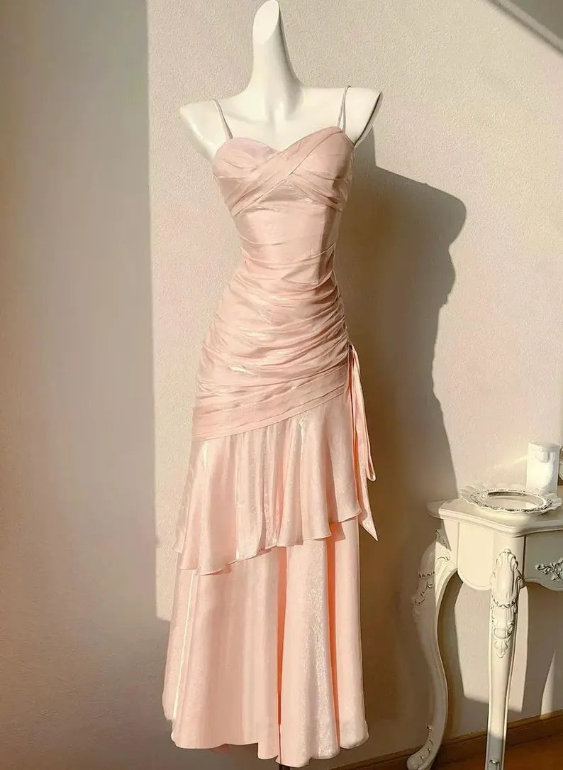 Sweet Pink Mermaid Strapless Pleated Tiered Satin Prom & Evening Dress Bridesmaid Dress - View 3 | FashionDia