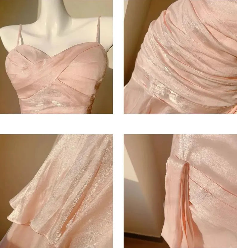 Sweet Pink Mermaid Strapless Pleated Tiered Satin Prom & Evening Dress Bridesmaid Dress - View 4 | FashionDia