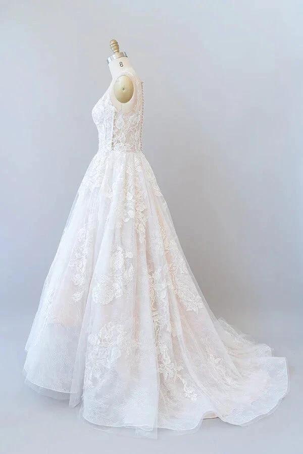 Illusion Appliques Tulle A-line Wedding Dress (ZD13917)
