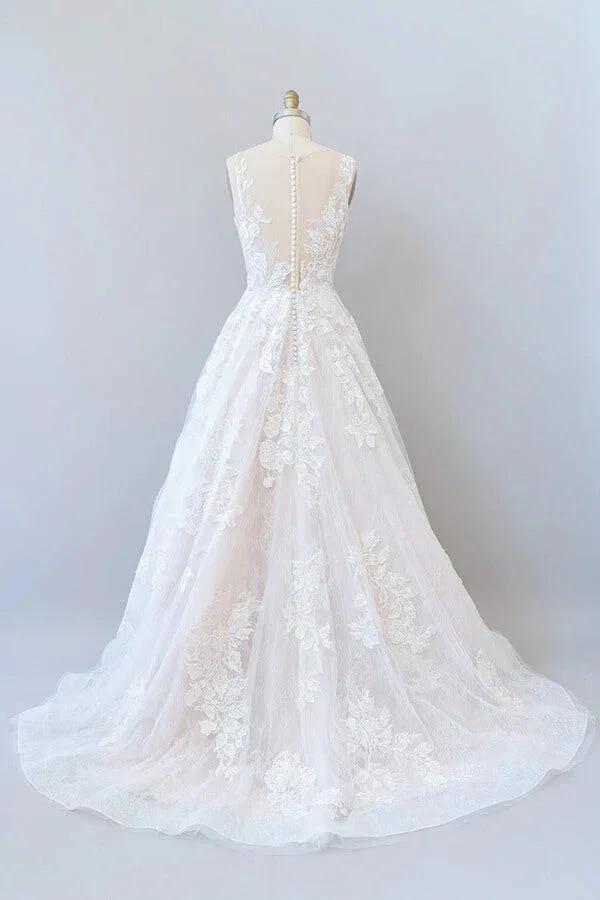 Illusion Appliques Tulle A-line Wedding Dress (ZD13917)