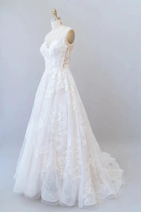 Illusion Appliques Tulle A-line Wedding Dress (ZD13917)