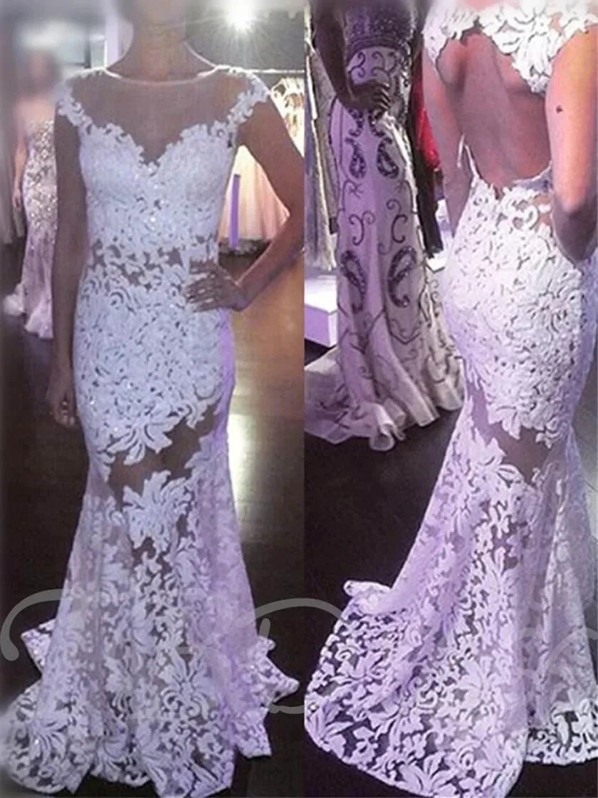 Illusion Mermaid Neckline Sheath Lace Wedding Dress (ZD15405)