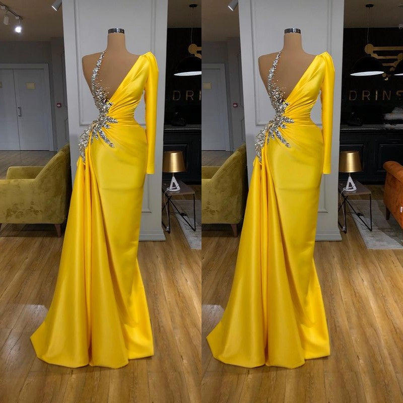 Illusion neck Bright Yellow One-Shoulder Bubble Sleeves Prom Dress