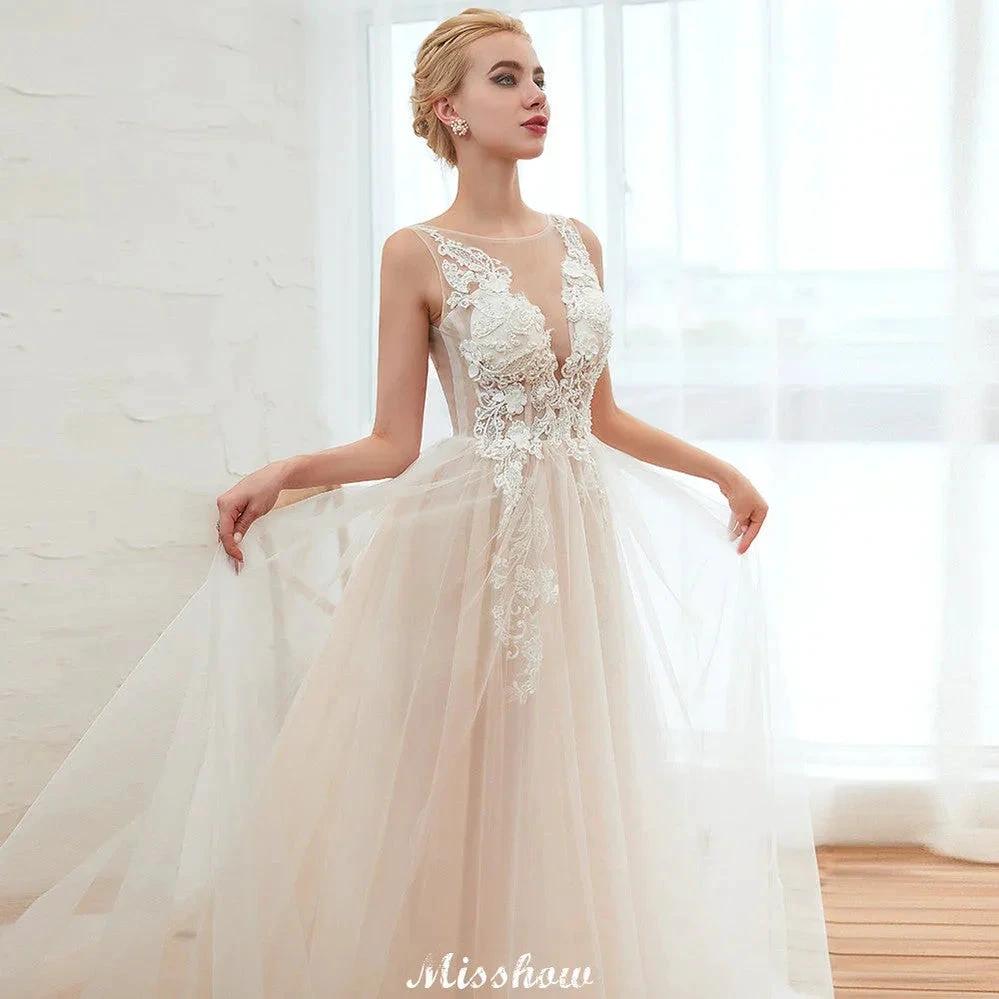 Illusion Neck Champagne Wedding Dress Sleeveless Summer Bridal Gown (ZD13980) - View 3 | VelvetHem