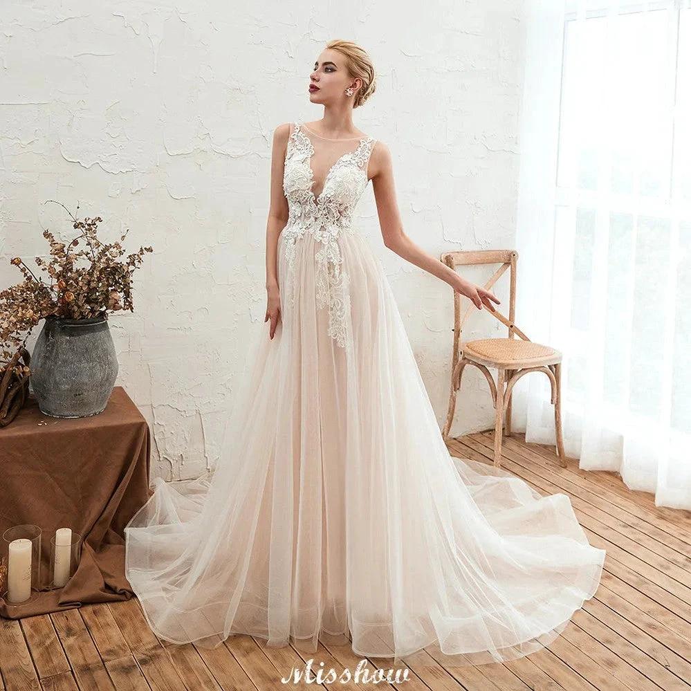 Illusion Neck Champagne Wedding Dress Sleeveless Summer Bridal Gown (ZD13980)