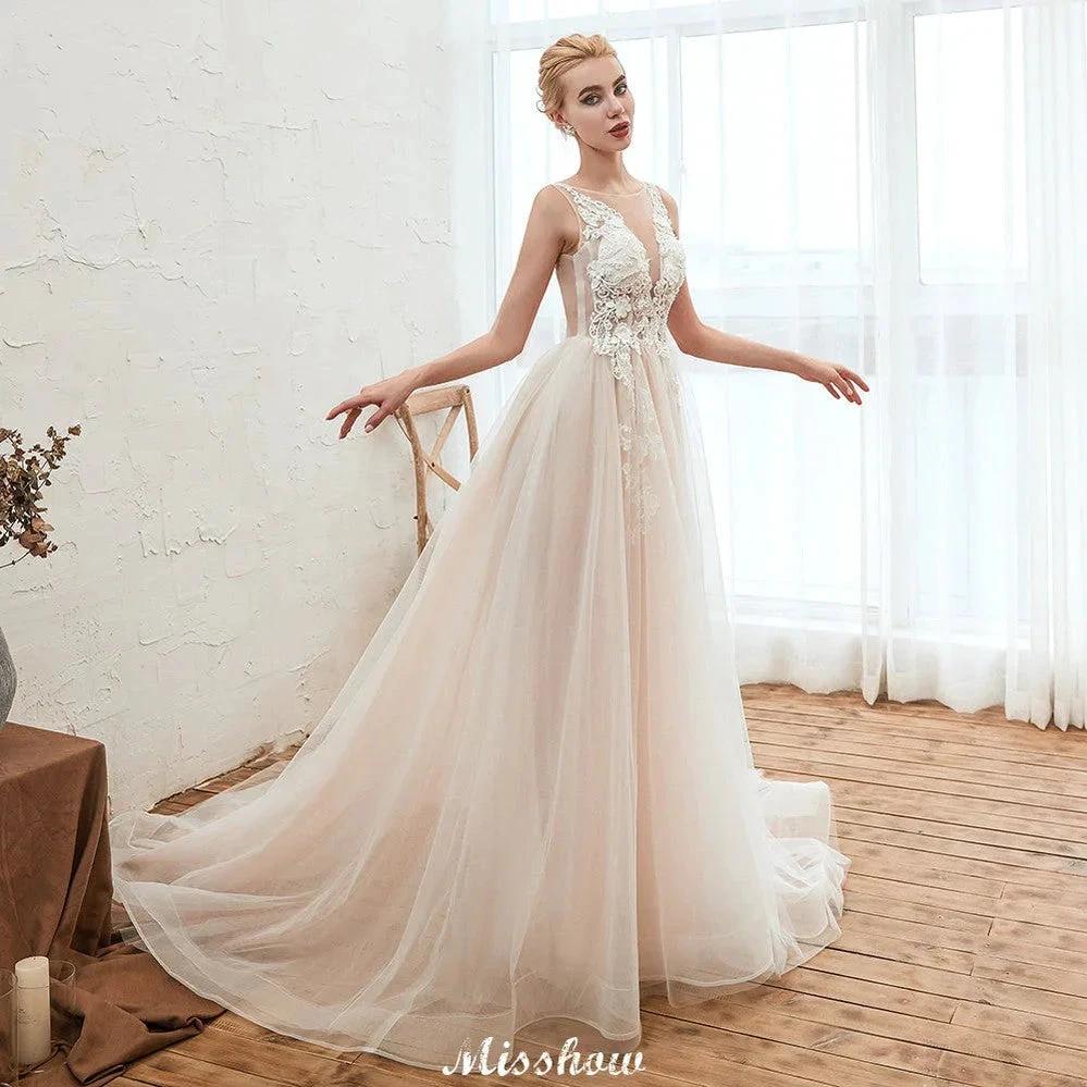 Illusion Neck Champagne Wedding Dress Sleeveless Summer Bridal Gown (ZD13980)