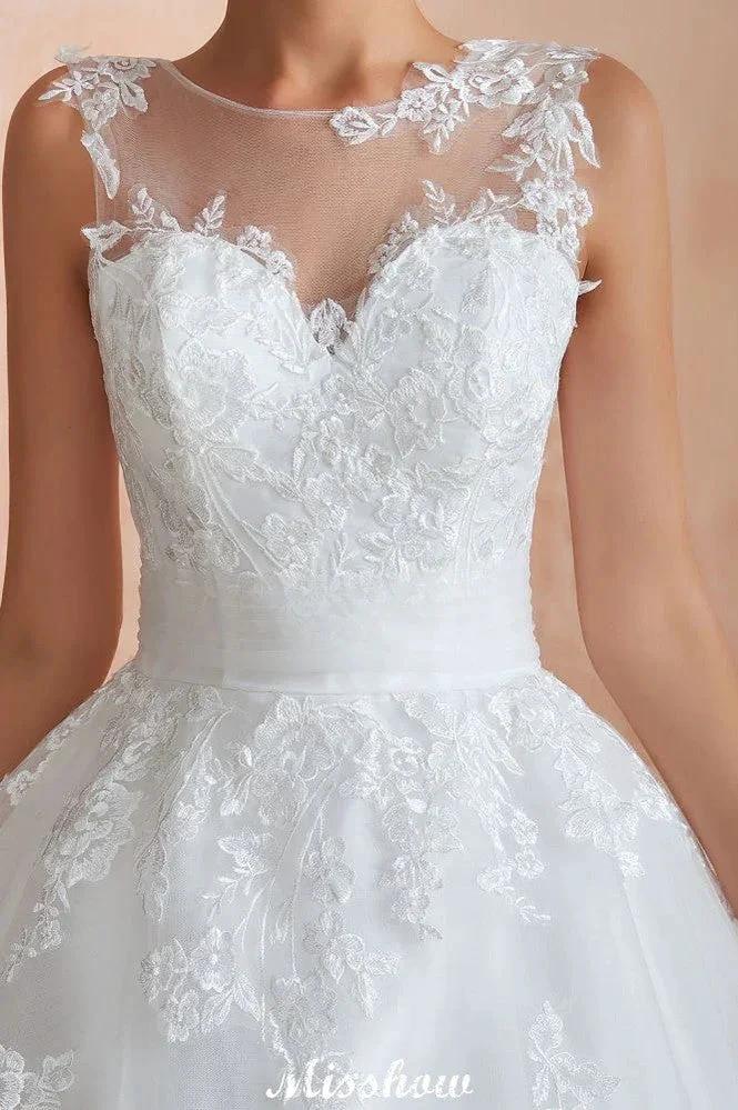 Illusion Neck White Wedding Dress Sleeveless Lace Appliques Bridal Gown online (ZD13976)