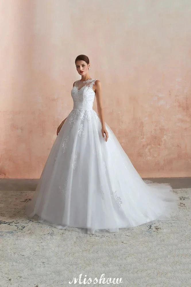 Illusion Neck White Wedding Dress Sleeveless Lace Appliques Bridal Gown online by misshow.com