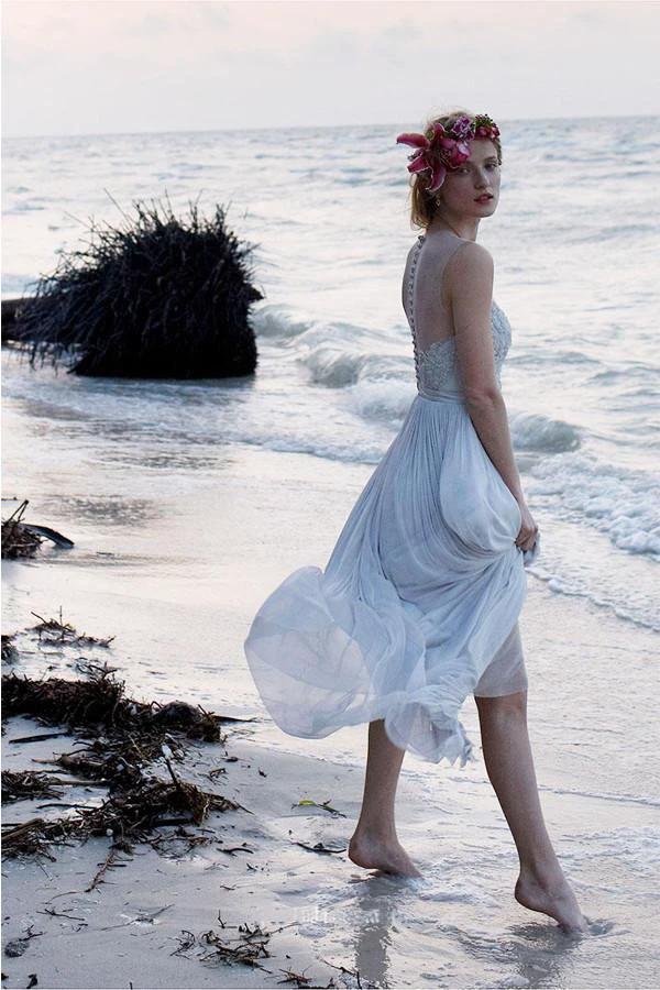 Illusion Neckline Sheer Back Beach Lace Chiffon Wedding Dress (ZD16057)