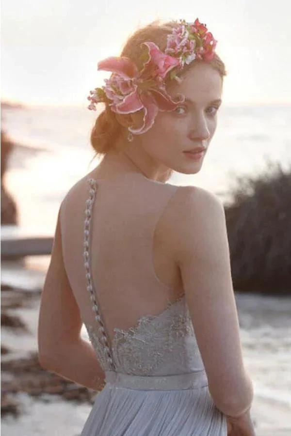 Illusion Neckline Sheer Back Beach Lace Chiffon Wedding Dress (ZD16057)
