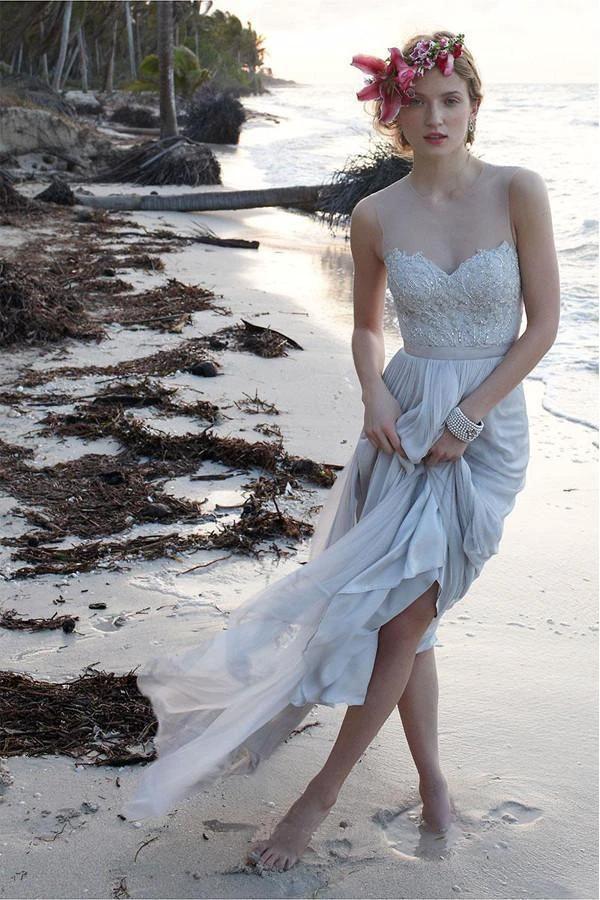 Illusion Neckline Sheer Back Beach Lace Chiffon Wedding Dress (ZD16057)