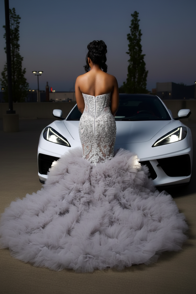 The Silver Cloud - 2026 Crystal Beaded Mermaid Gown: Sweetheart Neckline with Cascading Crystal Fringe & Extravagant White Tulle Cloud Ruffle Train (ZD17403)