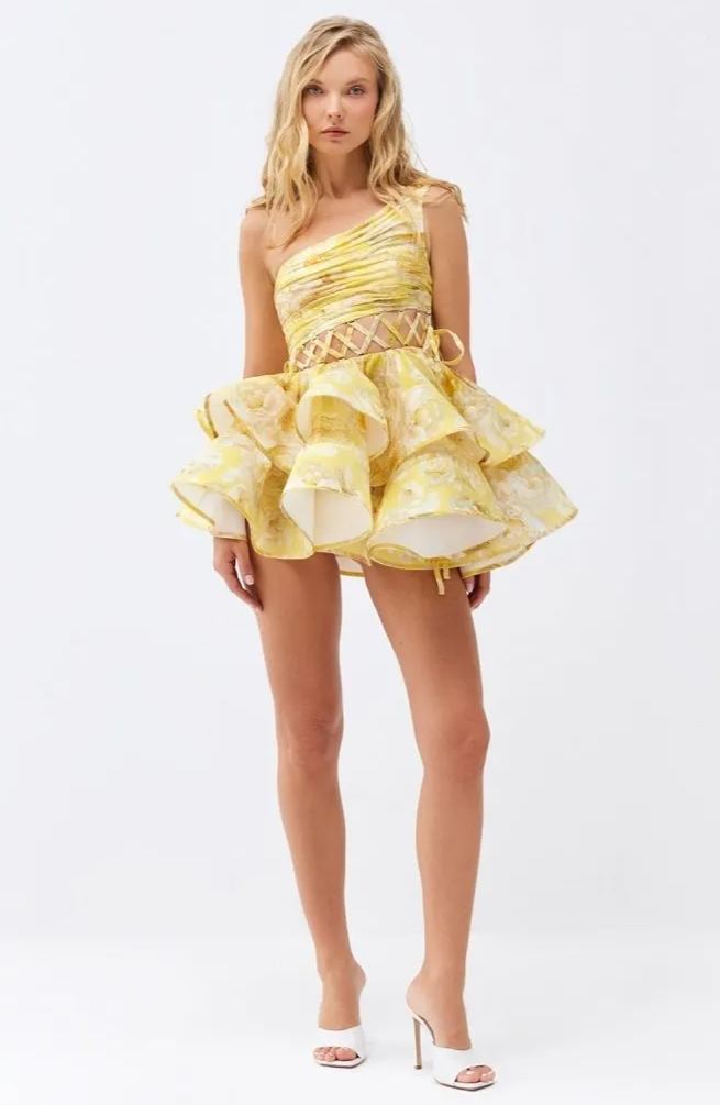 Andrea Floral Printed One - shoulder Mini Chiffon Dress
