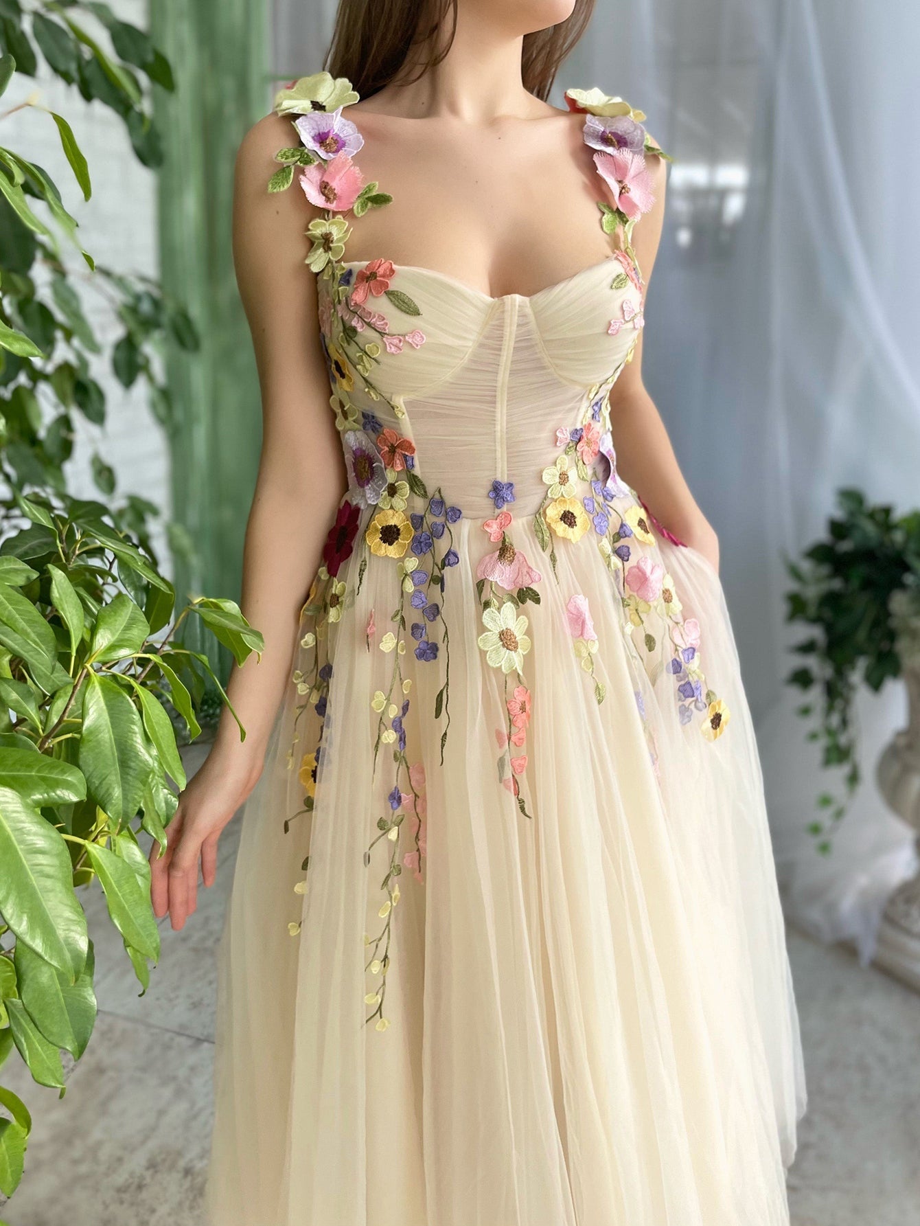 Corset A-Line Champagne Backless Midi Prom Dress With 3D Flowers - Fashionpara
