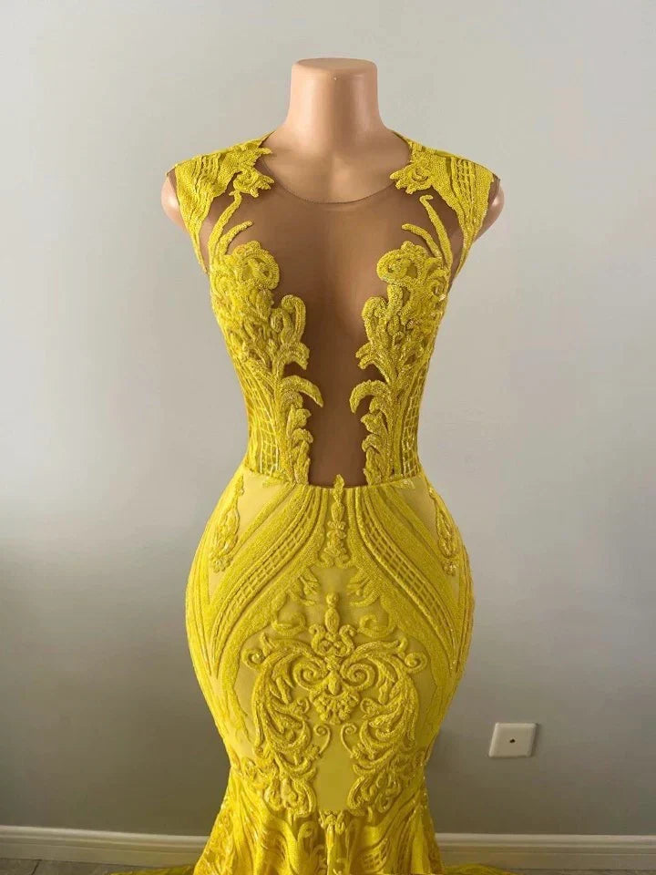 Yellow prom dresses, sheer prom dress, lace evening dress, vintage prom dresses, custom make prom dress - View 6 | FashionDia