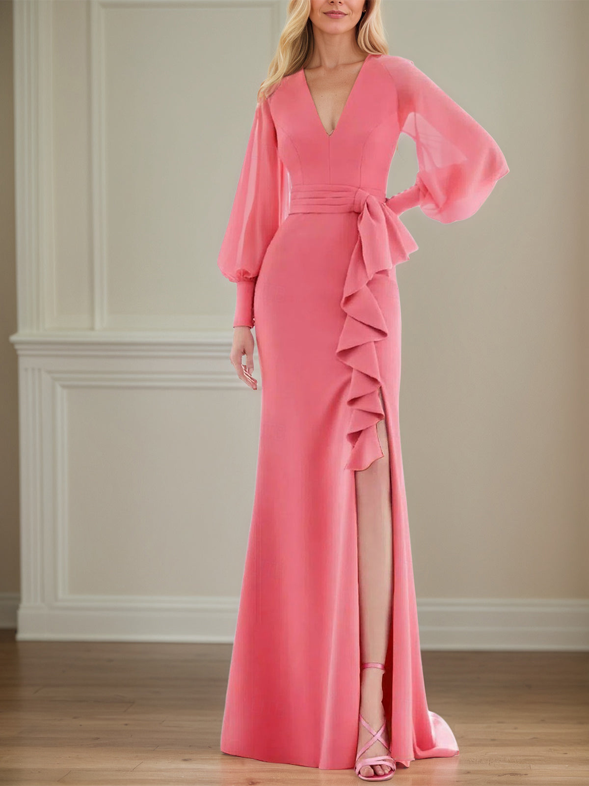 Dianthus Stretch Crepe Sheath/Column V-Neck Floor-Length Mother of the Bride Dresses - View 2 | FashionDia