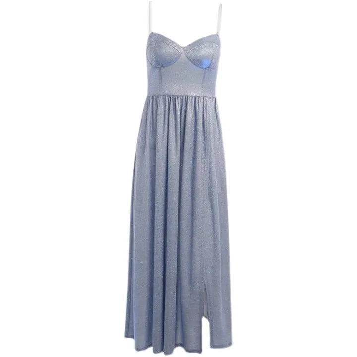 Simple Glitter Midi Prom Dresses A Line Slit Formal Wedding Party Gowns Spaghetti Strap Tea-Length Homecoming Gowns Blue