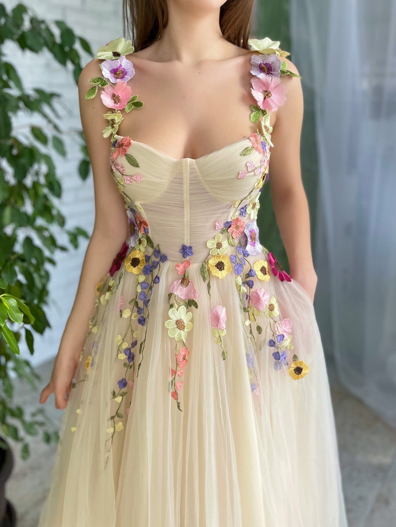 Corset A-Line Champagne Backless Midi Prom Dress With 3D Flowers - Fashionpara