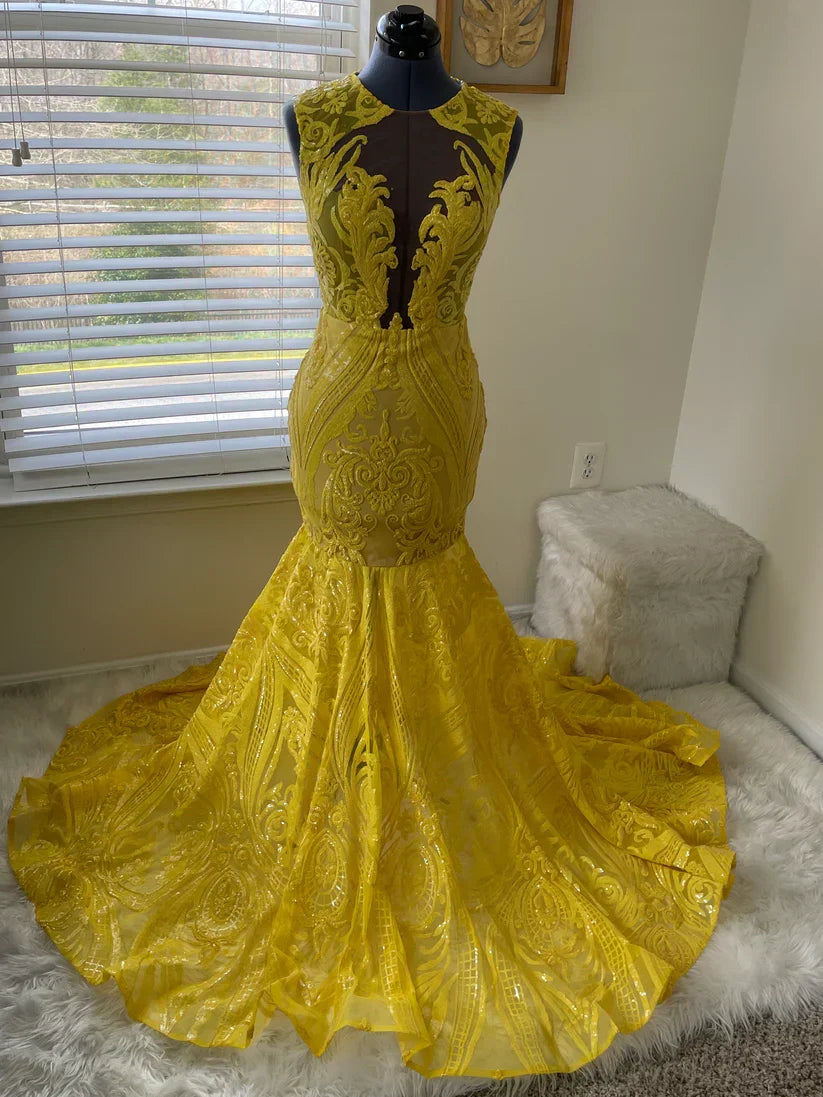 Yellow prom dresses, sheer prom dress, lace evening dress, vintage prom dresses, custom make prom dress - View 3 | FashionDia