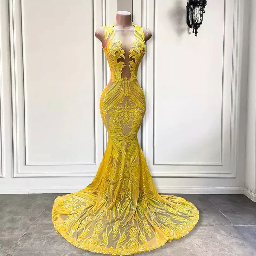 Yellow prom dresses, sheer prom dress, lace evening dress, vintage prom dresses, custom make prom dress - View 4 | FashionDia