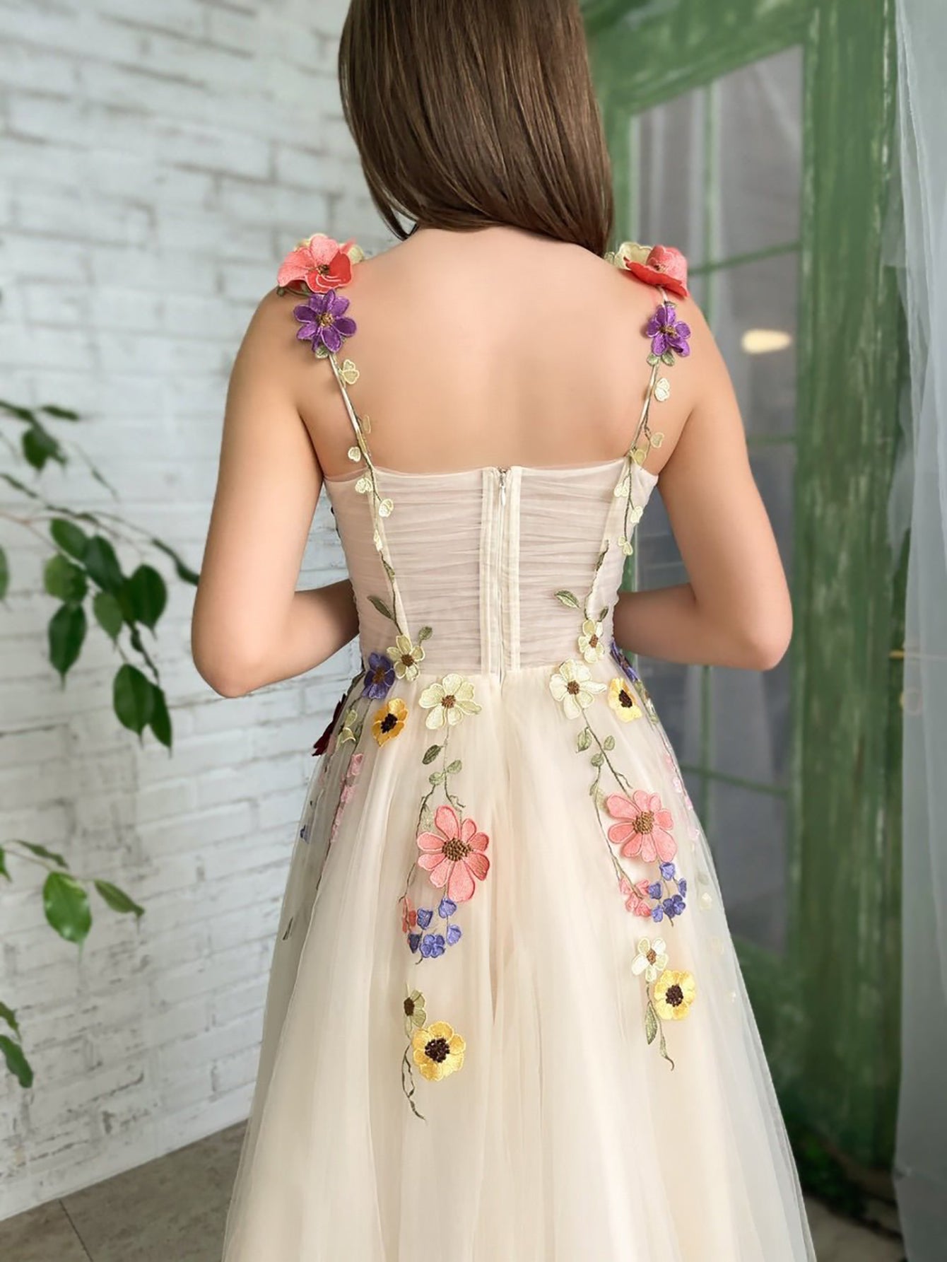 Corset A-Line Champagne Backless Midi Prom Dress With 3D Flowers - Fashionpara