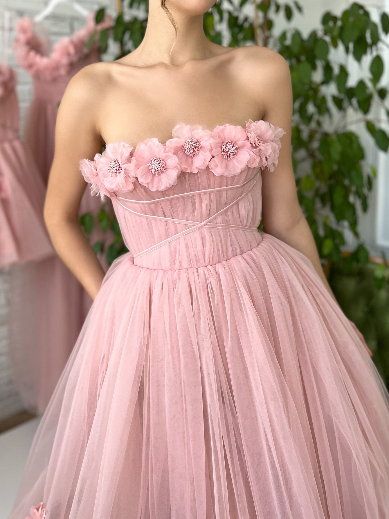 Corset A-Line Pink Strapless Midi Prom Dress With 3D Flowers - Fashionpara