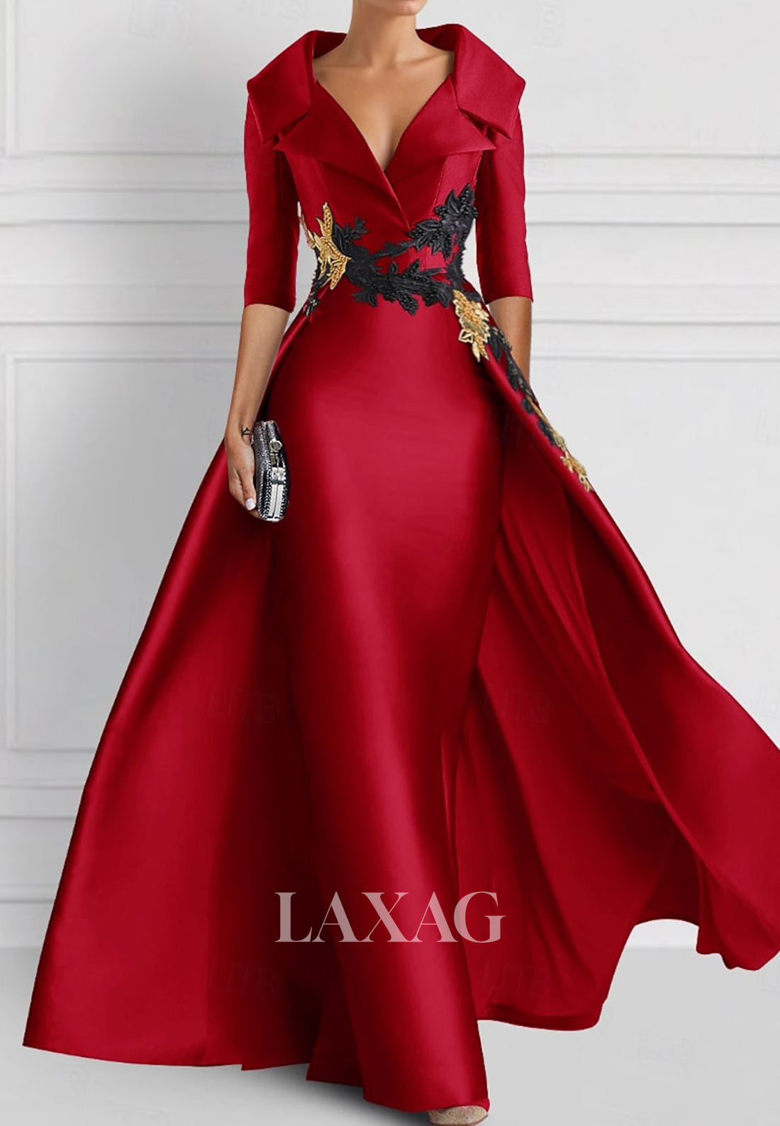 V-Neck Half-Sleeves Embroidered Party Gowns Plated Foor-Length Satin Mermaid Wedding Guest Dress