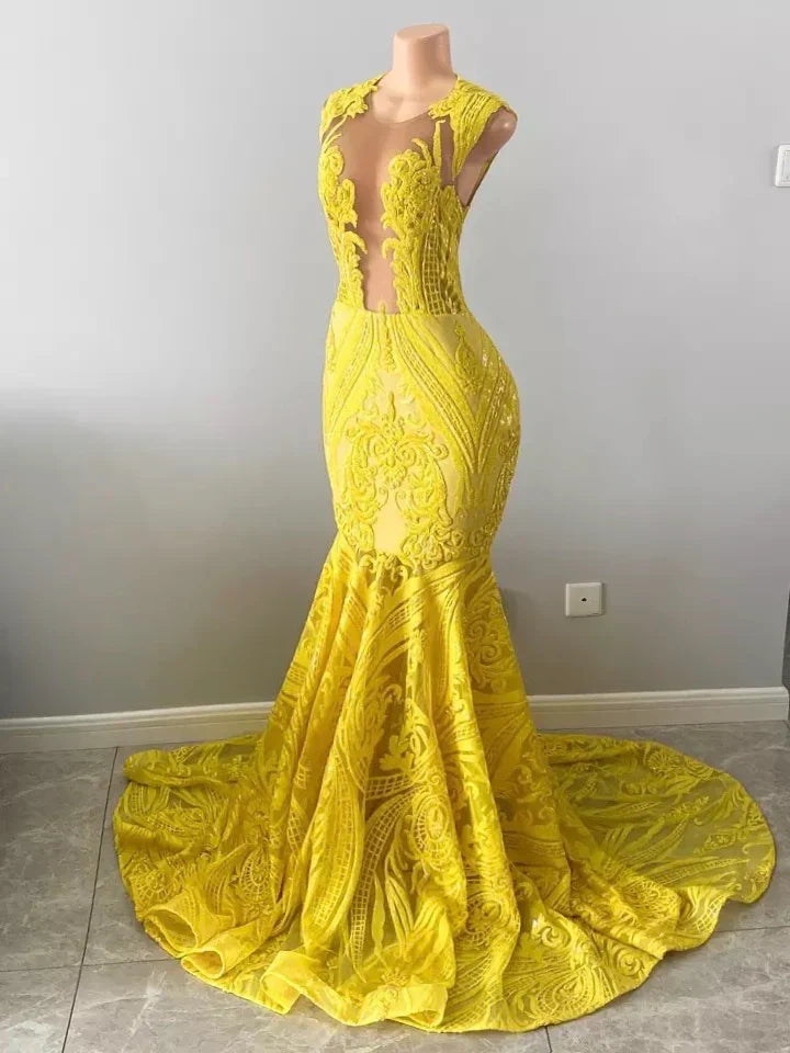 Yellow prom dresses, sheer prom dress, lace evening dress, vintage prom dresses, custom make prom dress - View 5 | FashionDia
