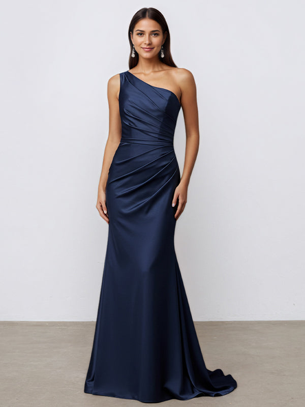 Navy Mermaid One Shoulder Satin Long Formal Eveing Dress