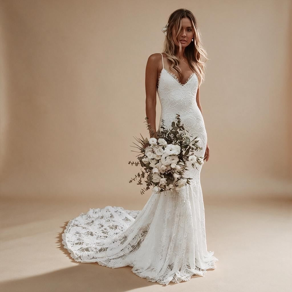 Boho Mermaid V-Neck Spaghetti Straps Wedding Dress with Court Train & Lace Backless | ZapDress