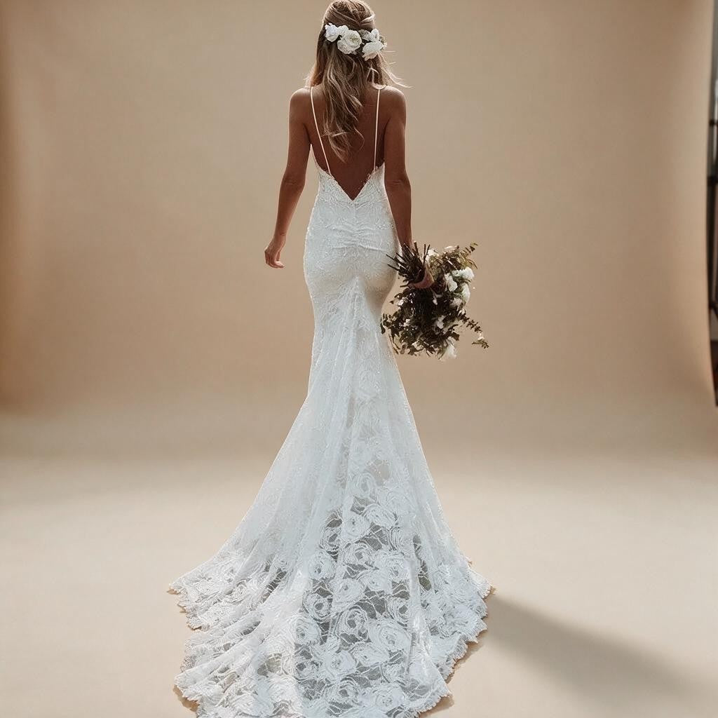 Boho Mermaid V-Neck Spaghetti Straps Wedding Dress with Court Train & Lace Backless | ZapDress