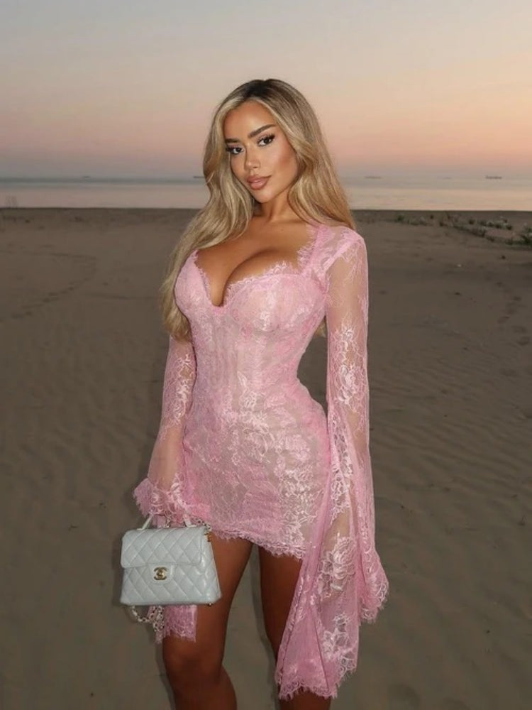 Whispers of Blush Lace Bell Sleeve Mini Dress