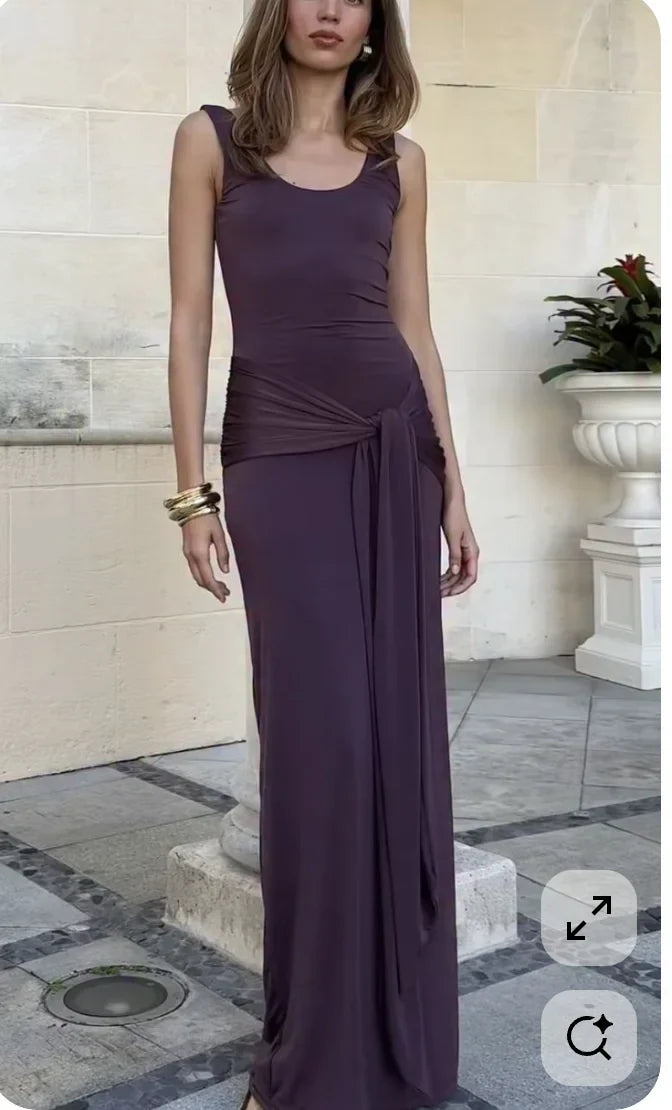 Simple Purple-Gray Spaghetti Strap Twist Satin Long Prom & Evening Dress - View 5 | FashionDia