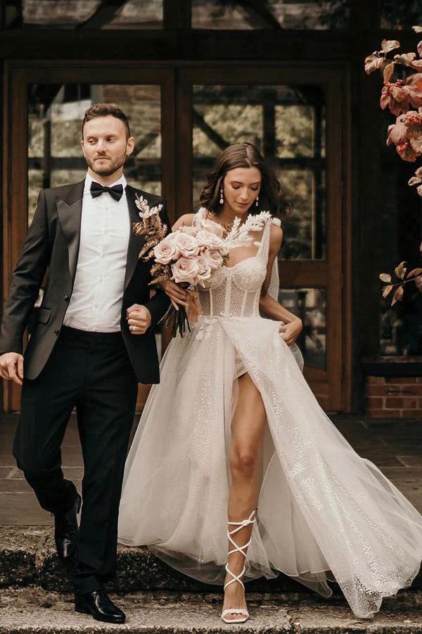 Ivory A-Line Sleeveless Sweep Train Wedding Dress With Sequins (ZD16250)