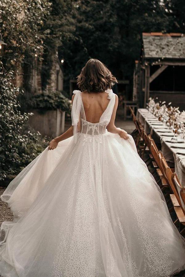 Ivory A-Line Sleeveless Sweep Train Wedding Dress With Sequins (ZD16250) - View 4 | VelvetHem