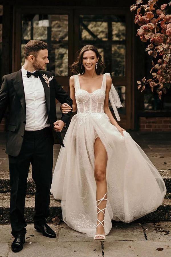 Ivory A-Line Sleeveless Sweep Train Wedding Dress With Sequins (ZD16250)