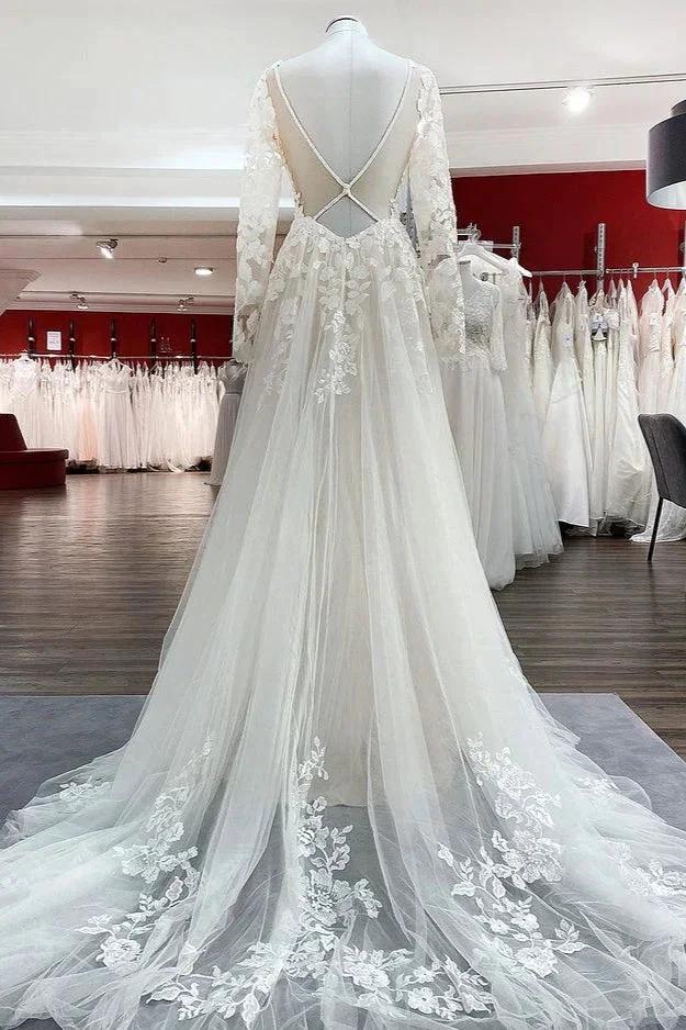Ivory A-line Tulle Long Sleeves Lace Appliques Open Back Wedding Dresses (ZD15181)