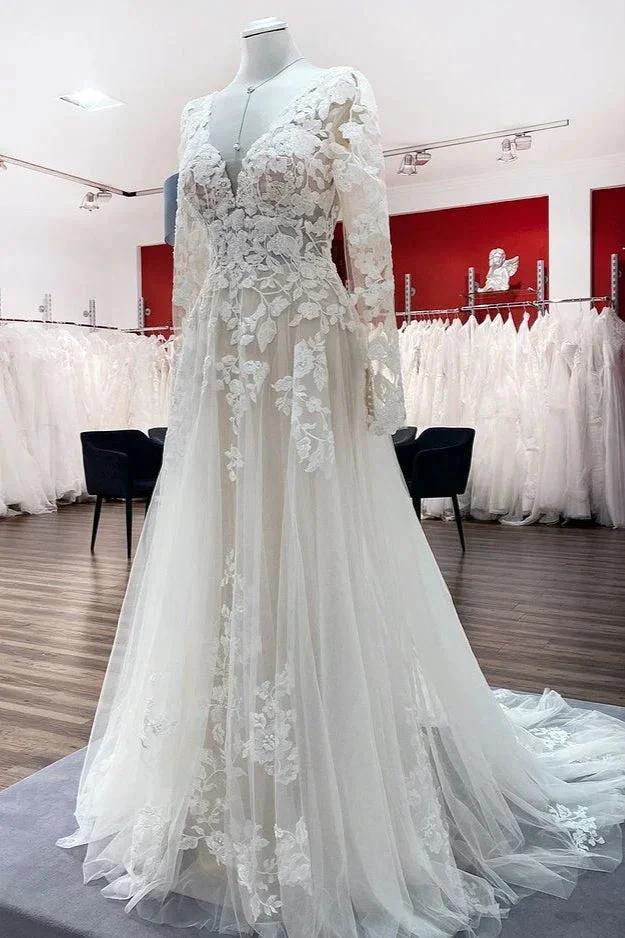 Ivory A-line Tulle Long Sleeves Lace Appliques Open Back Wedding Dresses (ZD15181)