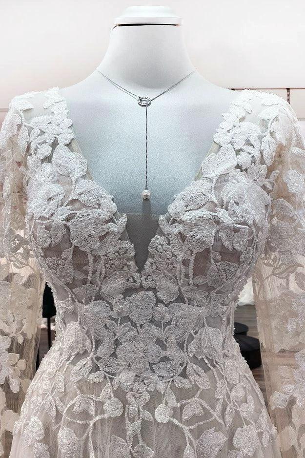 Ivory A-line Tulle Long Sleeves Lace Appliques Open Back Wedding Dresses (ZD15181)