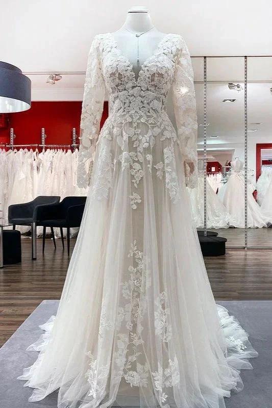 Ivory A-line Tulle Long Sleeves Lace Appliques Open Back Wedding Dresses (ZD15181)