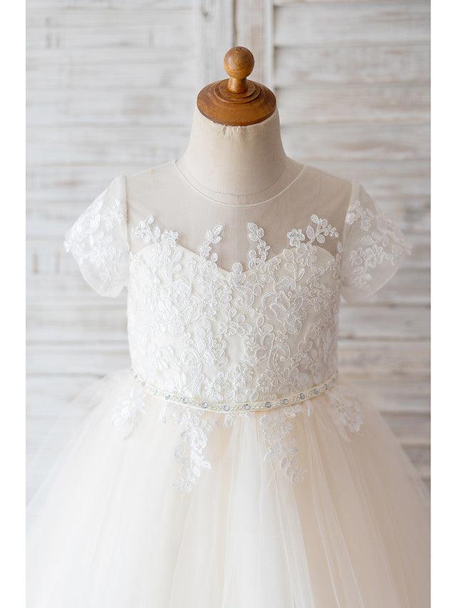 Ivory Ball Gown Tulle Jewel Neck Wedding Birthday Flower Girl Dresses - View 3 | VelvetHem