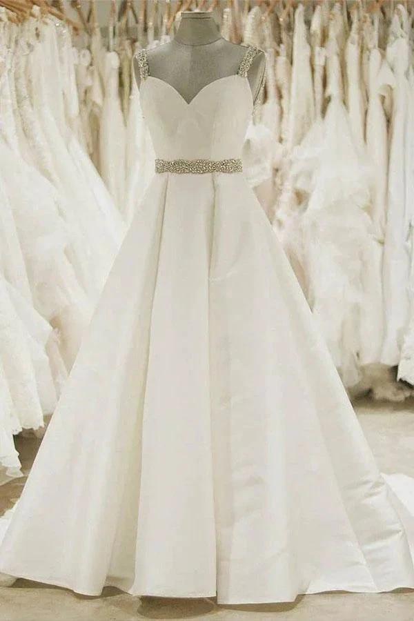 Ivory Ball Gown Wedding Dresses Spaghetti Strap Beaded Bridal Dress (ZD15378) - VelvetHem
