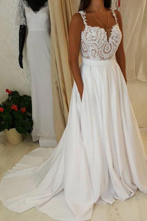 Ivory Beach Long A-line Sweetheart Chiffon Wedding Dress with Pockets (ZD15862)