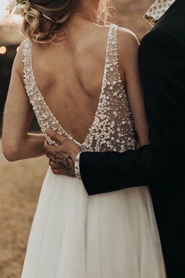 Ivory Beach Wedding Dresses See Through Pearl Beaded Wedding Dress (ZD15400)
